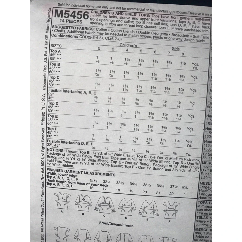 McCalls M5456 Girls Blouse Top Shirt Sewing Pattern Size 6-8 Uncut 2007